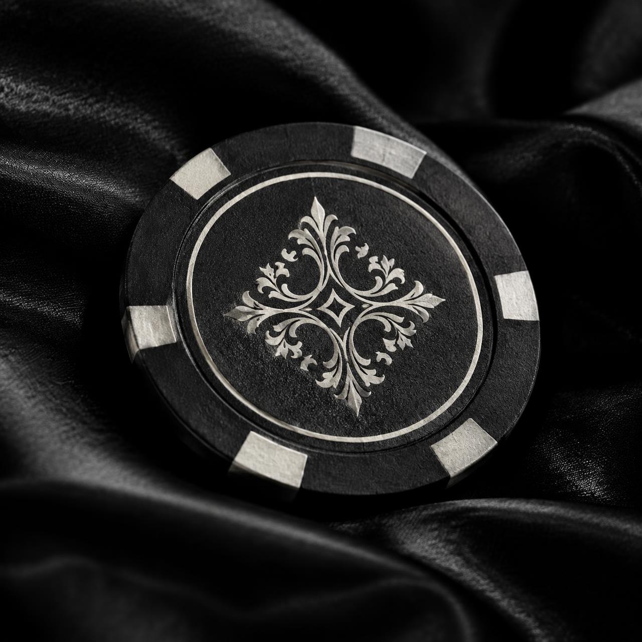 A black VIP poker chip on silk