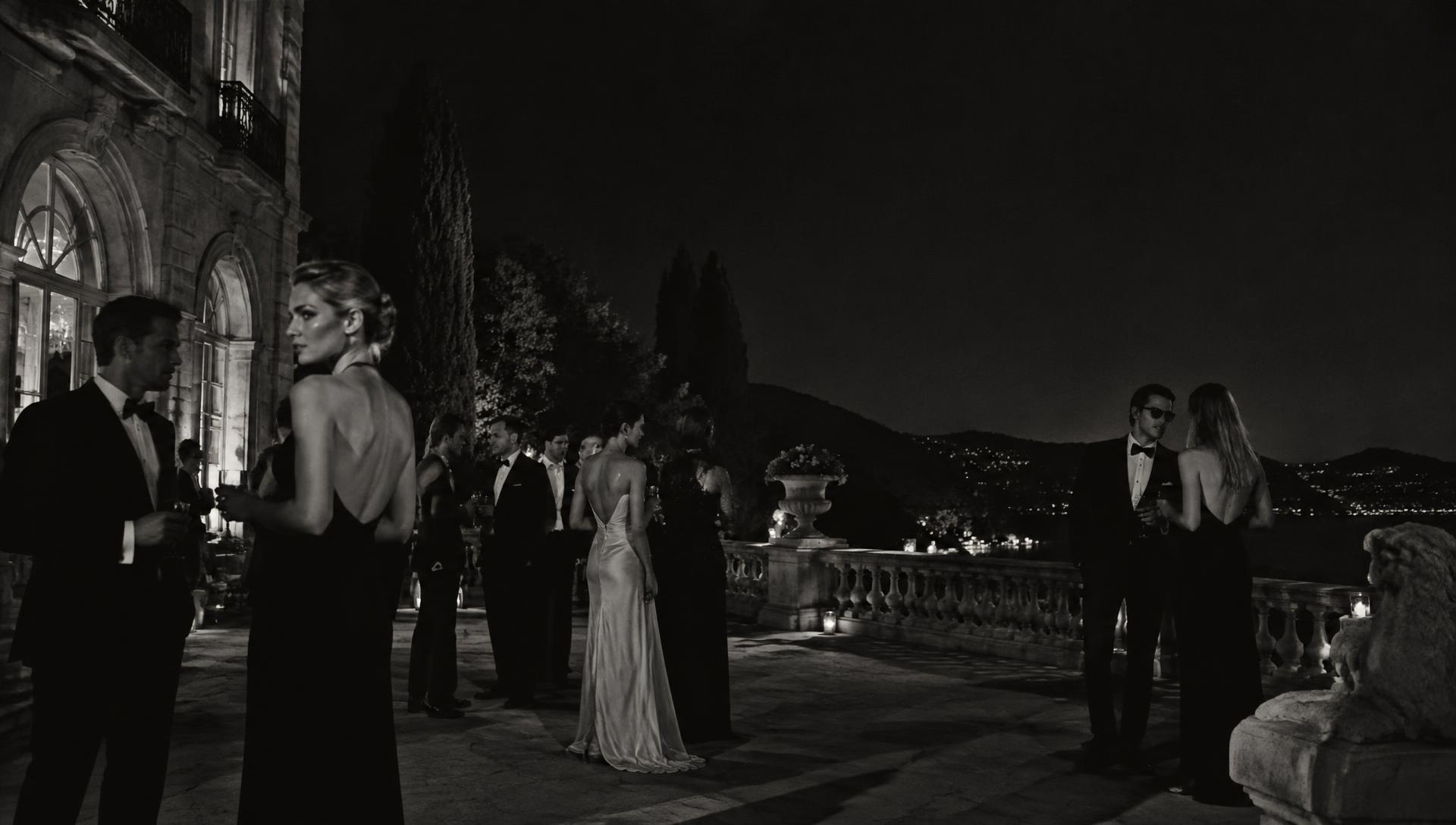 Guests in evening wear on a candlelit mansion terrace